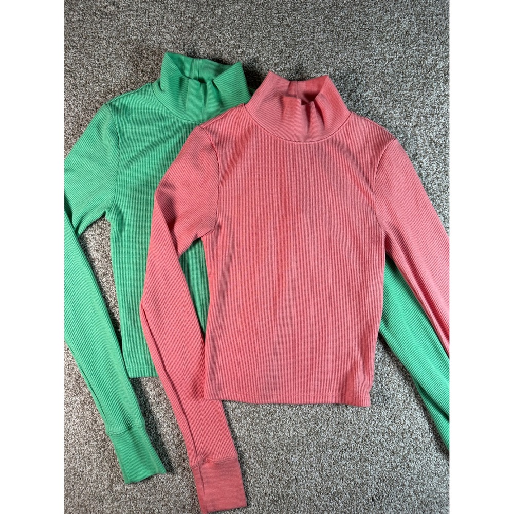 American Eagle Waffle Knit Turtleneck Tops Lot of 2 Green Pink XS Thermal Ribbed